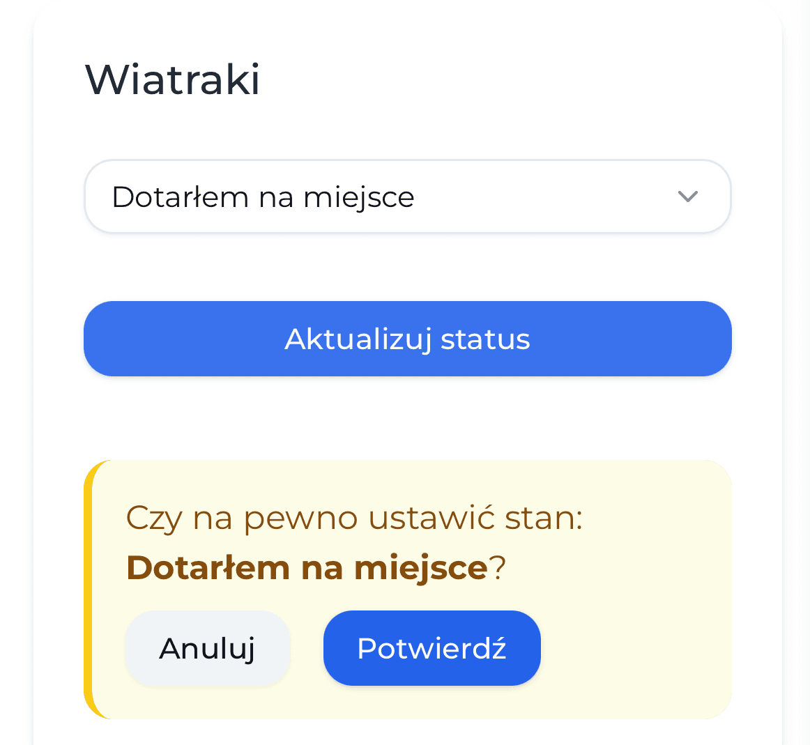 Potwierdzenie ustawienia statusu zlecenia w panelu operatora aplikacji Dyspozytor Maszyn