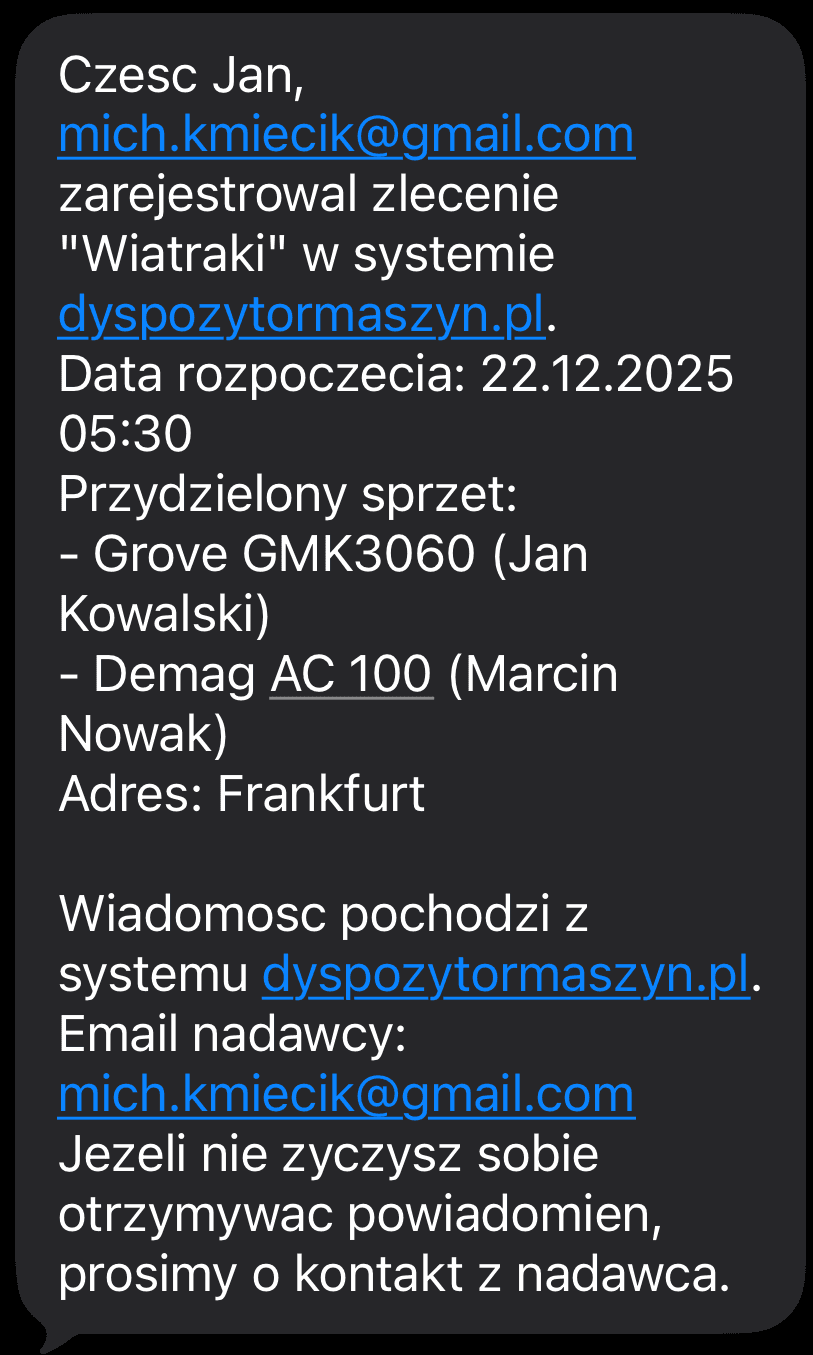 Przykład powiadomienia SMS wysyłanego do operatora o nowym zleceniu w aplikacji Dyspozytor Maszyn