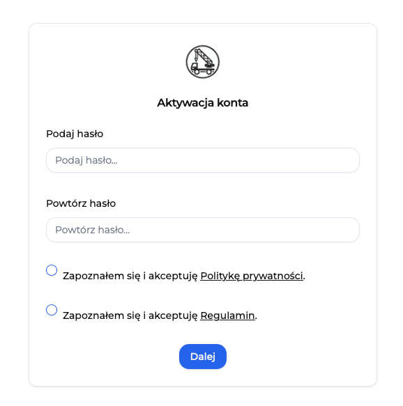 Formularz aktywacji konta operatora w aplikacji Dyspozytor Maszyn - ustawianie hasła