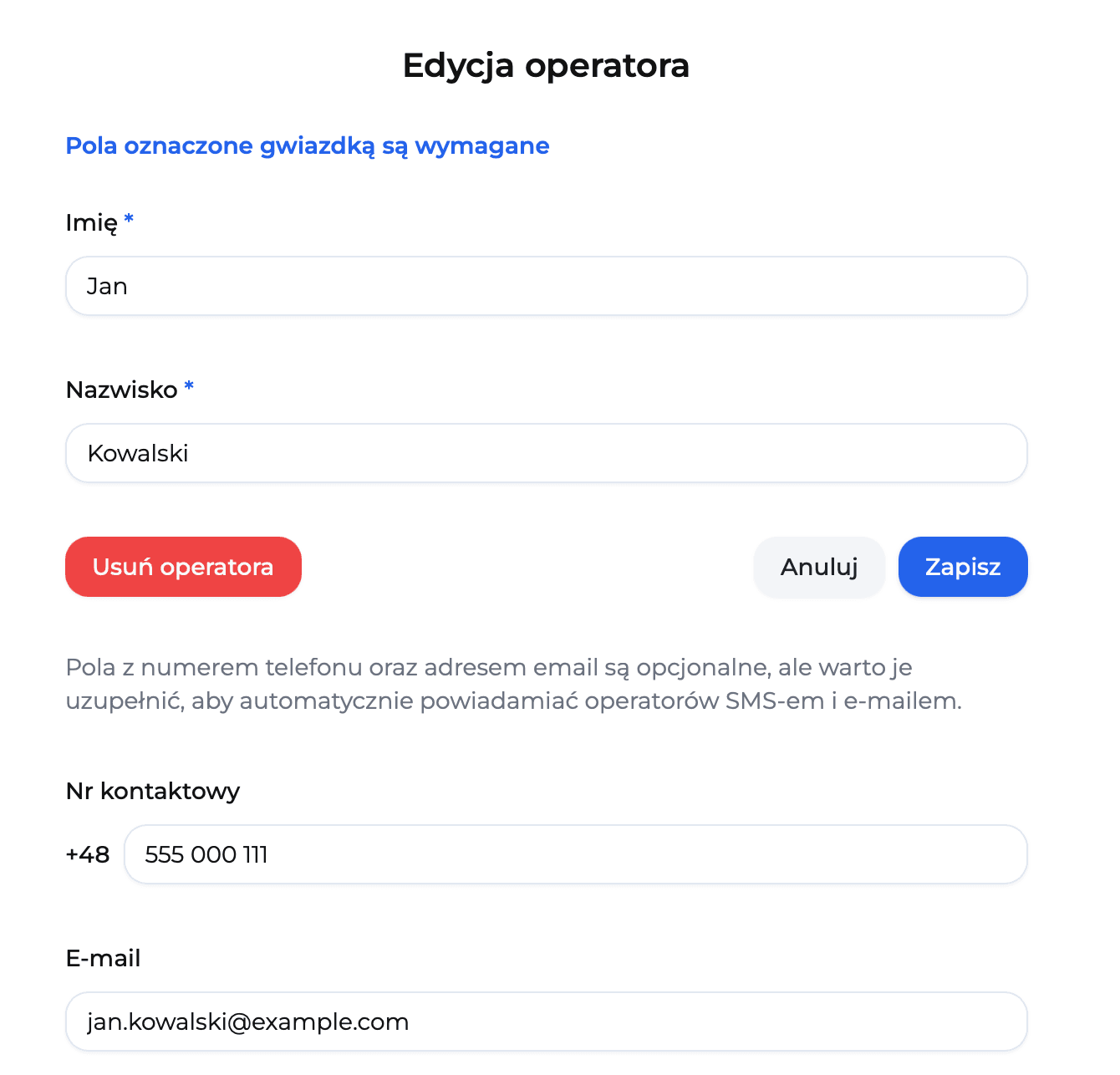 Formularz edycji operatora w aplikacji Dyspozytor Maszyn z możliwością aktualizacji danych kontaktowych i urlopów