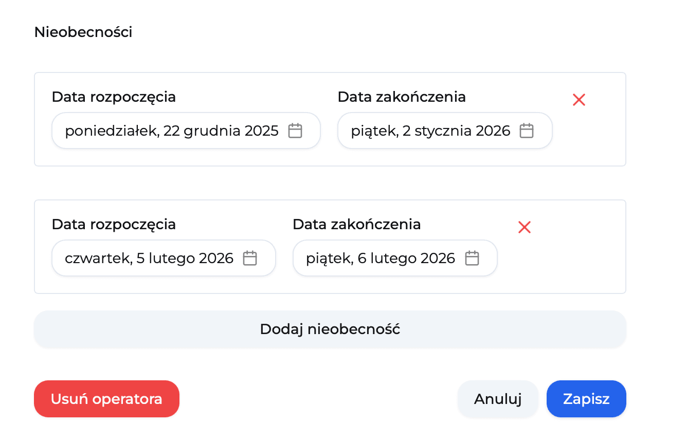 Formularz ustawiania urlopów operatora w aplikacji Dyspozytor Maszyn