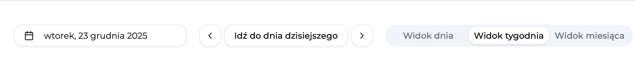 Przyciski nawigacji w kalendarzu zleceń - przełączanie między widokami i datami w aplikacji Dyspozytor Maszyn